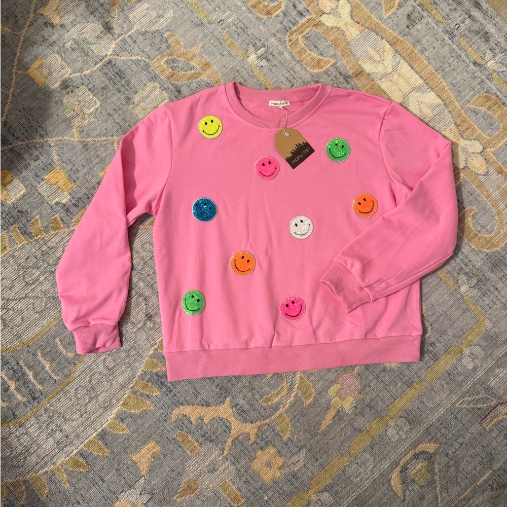 Pink Smiley Face Sequin Crew Neck Sweatshirt - Picture 2 of 9